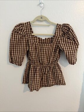 Melrose and Market Brown & Cream Gingham Puff-Sleeve Peplum Top